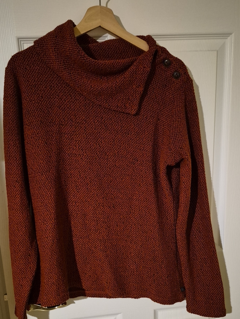 Merrell Burnt Orange Knit Button Asymmetrical Cowl Neck Sweater L